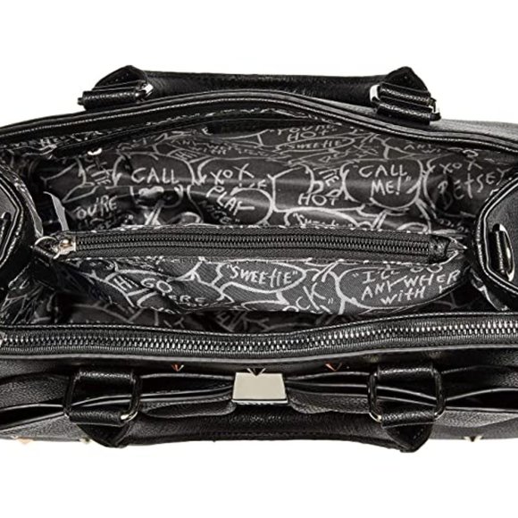 Betsey Johnson Studded Bow Satchel Bag Black Bow Studs + Keychain BB18265 NEW - Picture 6 of 14